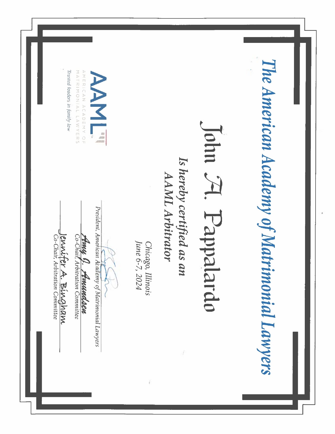John Pappalardo certified as an AAML Arbitrator