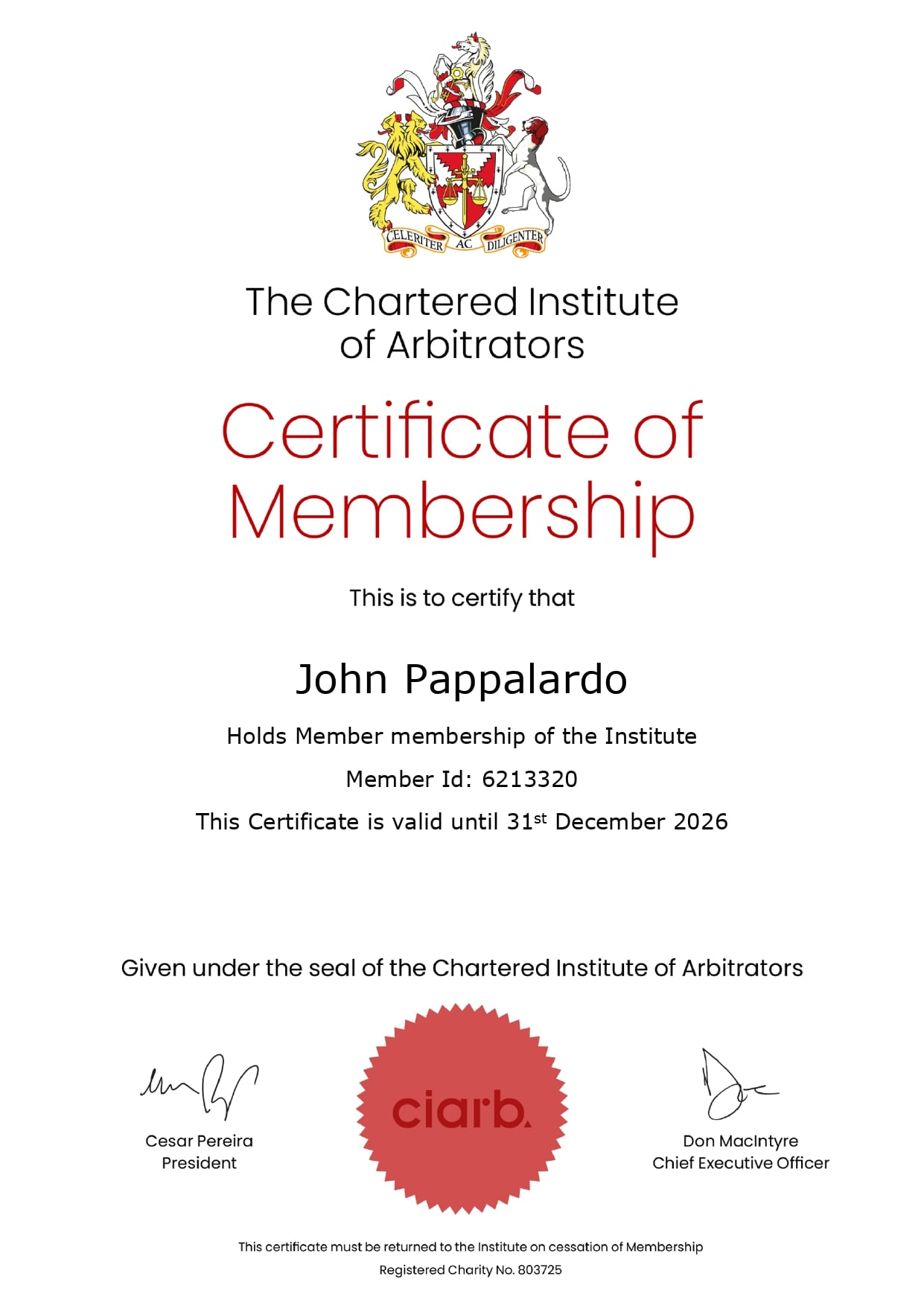 John Pappalardo’s Ciarb Certificate of Membership